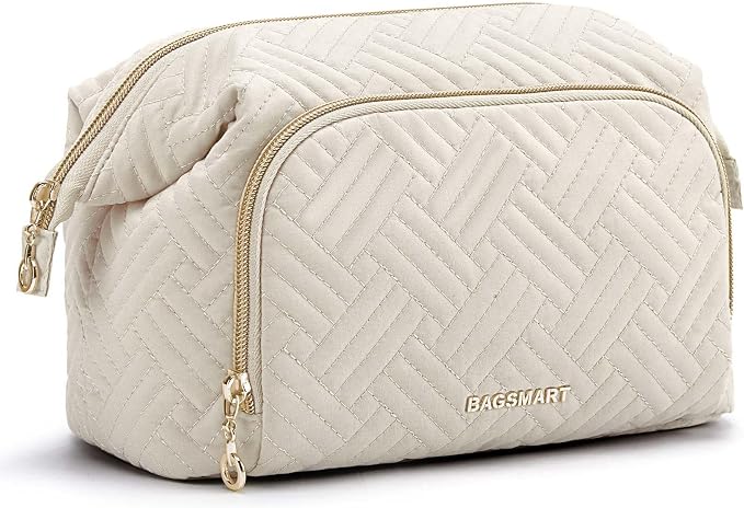 BAGSMART Travel Makeup Bag, Cosmetic Bag Small Make Up Organizer Case,Wide-open Pouch for Women Purse for Toiletries Accessories Brushes,Small Beige by BAGSMART