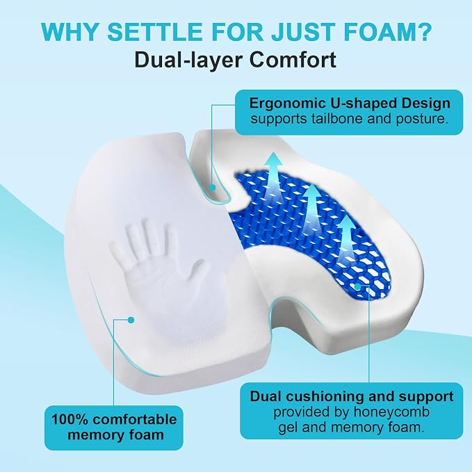 Car Seat Cushion - Premium Gel & Memory Foam Office Chair Cushions for Back,Sciatica,Coccyx,Tailbone Pain Relief, Driver Pillow for Auto, Gaming,Desk, Wheelchair,Truck (Black) - Image 2