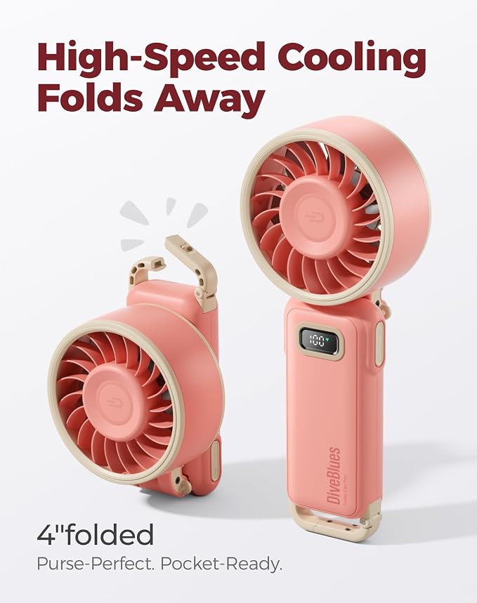 Diveblues Portable Turbo Fan, Pink Travel Fan, Wearable Neck Fan | Small High Speed Handheld, 180° Foldable 4-in-1, Personal Neck Fan with Carabiner Clip, 100 Speed Stepless Control - Image 3