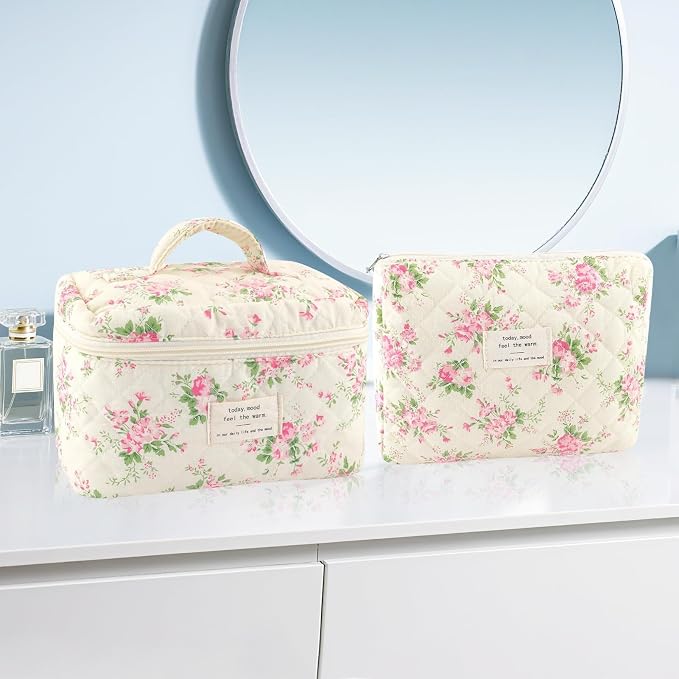 URSKYTOUS 2Pcs Cotton Quilted Makeup Bag for Women Extra Large Small Travel Cosmetic Bag Set Cute Pink Floral Print Makeup Pouch Portable Toiletry Bag Organizer Coquette Vintage Puffy Travel Essential - Image 7
