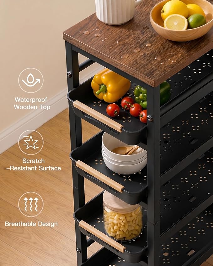 Pipishell Slim Storage Cart, Wooden Top Narrow Kitchen Storage Cart, Black | 5 Tier Skinny Rolling Cart with Pull-Out Baskets, Vented Design & Lockable Wheels for Kitchen, Bathroom, Laundry Room - Image 3