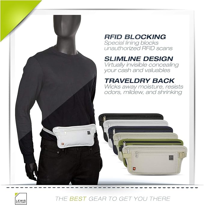 Lewis N. Clark Travel Money Belt Pouch, Slim RFID Blocking Anti Theft Waist Stash Pouches for Cash, Cards and Passport Holder - Image 2