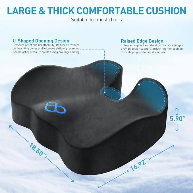 BlissTrends Extra Thick Seat Cushion for Office Chair & Car Seat, Grey | Tailbone & Sciatica Relief, Ergonomic Support, High-Density Memory Foam, Comfort for Extended Sitting - Image 2