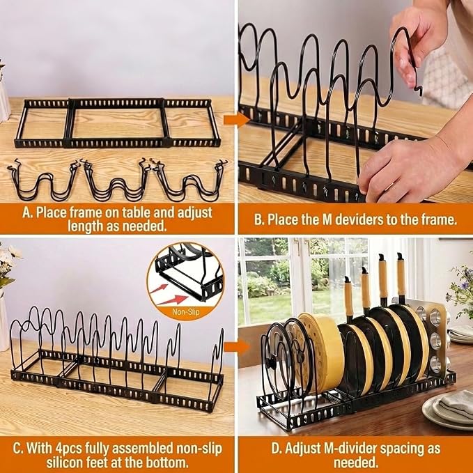 Pot and Pan Organizer Rack for Cabinet & Countertop, 3‑Tier Expandable Holder with 12 Adjustable Compartments, Kitchen Storage for Pan Lid, Cutting Board, Cookware & Bakeware, Black - Image 3