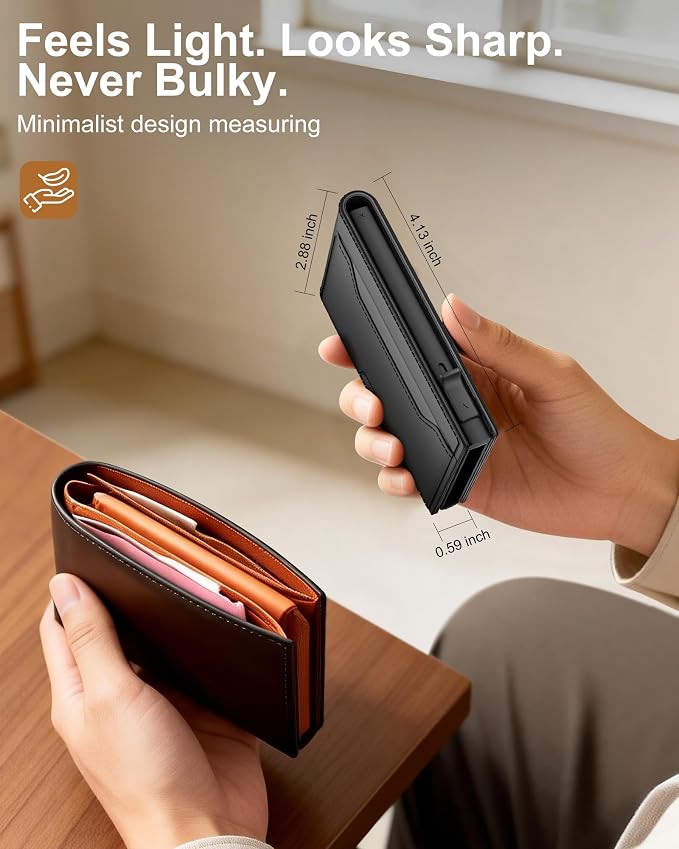 Wallet for Men: Pop Up Card Case, RFID Blocking, Slim, Minimalist, Genuine Leather, Front Pocket, Smart, Thin, Compact, Magnetic Flap Closure - 2 ID Windows, Up to 12 Cards & 15 Bills (Black) - Image 5