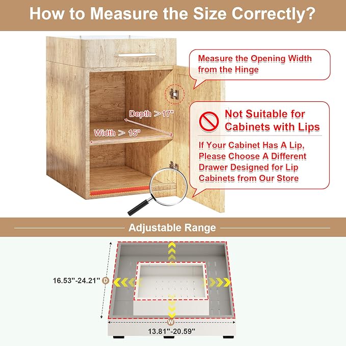 Fokyfok Pull out Cabinet Organizer,14"-21"W,17"-24"D,Expandable,Adhesive | No Drill,3 Rails,Adjustable Slide out Drawers for Kitchen,Pantry,Roll out Shelves,for Cabinets Without Lip,Bathroom,White,1PC - Image 2