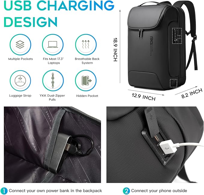 BANGE Anti-Theft Backpack with USB Charging Port 17.3 Inch Business Laptop Backpack - Image 3