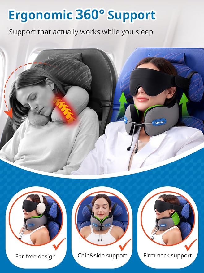 SARISUN Travel Neck Pillow for Airplane with Head Support Strap and 3D Eye Mask, Dual Density Foam Neck Support Airplane Travel Pillow for Long Flights/Car Road Trips/Office Naps, Black - Image 2