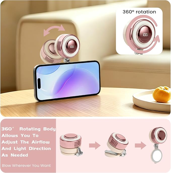 Portable Clip-On Fan, Mini USB Rechargeable 360° Rotatable Fan, Personal Fan 3-Speed Silent Mini Bladeless Fans (Pink-2000mAh) - Image 4