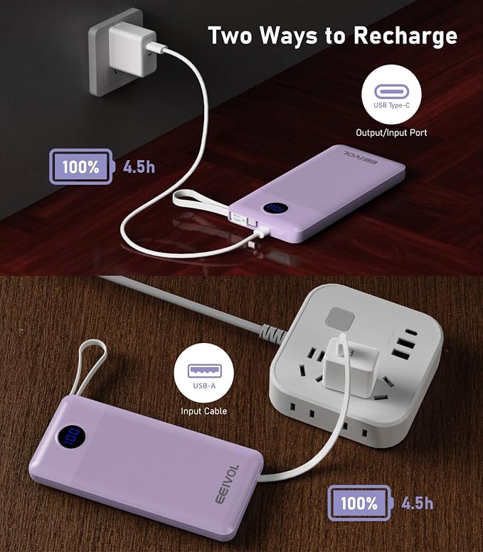 Portable Charger with Built in Cables, Slim 10000mAh Power Bank, USB C Battery Pack Travel, 4 Output 2 Input External Charging Bank for iPhone 17/16/15/14/13,Samsung, Android, etc-Purple(1 Pack) - Image 7