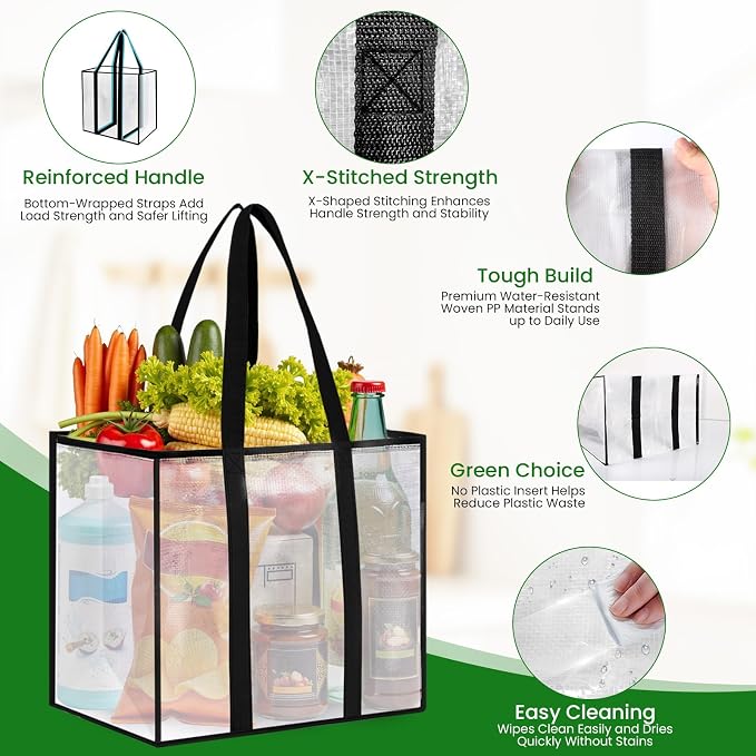 Reusable Grocery Bags, Clear Shopping Bags, 10 Pack, 42L | Heavy-duty, 66-lb capacity, reinforced handles, stands upright, foldable, water-resistant, wipe-clean, visible contents - Image 4
