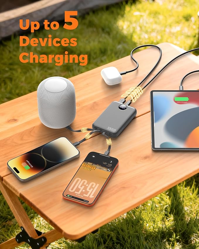Portable Charger 10000mAh with 4 Built-in Cables 40% Smaller | Power Bank Fast Charging Battery Pack,LED Display Compact with Travel Charger for iPhone Other Devices-Grey - Image 5