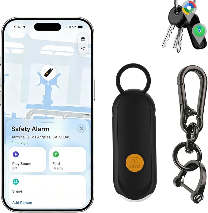 Personal Safety Alarm, Find My Tracker Keychain for Apple & Google, Black | Real-Time Tracking • Loud Alarm • SOS Strobe • Apple & Android Compatible • Personal Safety by Unknown