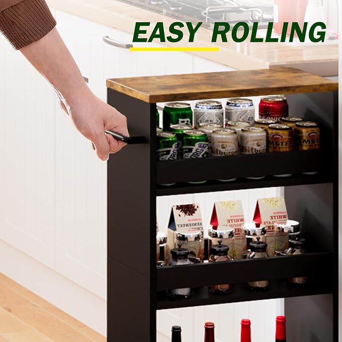 TEAMIX Slim Rolling Storage Cart, Wood 4-Tier Narrow Kitchen/Laundry Cart | 7.9"W Thin Cabinet with Wheels and Handle, Use as Spice Rack Next to Fridge, Laundry Room Organization Between Washer & Dryer - Image 3
