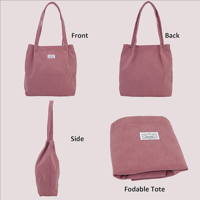 UERRUAM Corduroy Tote Bag for Women with Inner Pockets, Cute Go-to Bag | Slouchy Shoulder Bag for Everyday, Work, Books, Beach & Grocery Shopping, Lightweight Washable Foldable, Cloth Purse - Image 3