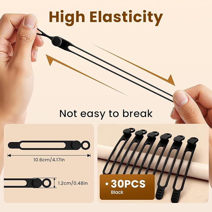 30 Pcs Silicone Cable Ties, Reusable Data Cable Organizer for Home Office | High Elastic, Multipurpose, Cable Management for Charging Cord, Electronics, Computer, Appliances, Travel Essentials - Image 2