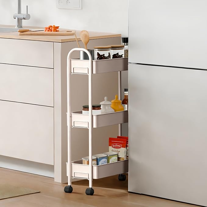 Slim Rolling Cart, Metal Frame Utility Rolling 3-Tier Narrow Storage Cart | Kitchen Storage Organizer, Mobile Shelving Unit for Bathroom Kitchen - Image 3