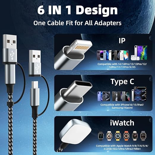 Travel Essentials 3 in 2 Multi Charging Cable for iWatch Charger/iPhone17-8 | USB A/USB C Charging Cords for Multiple Devices, Nylon Braided Universal Charger for Home/Office/Travel/Cruise/Carplay-5FT - Image 3