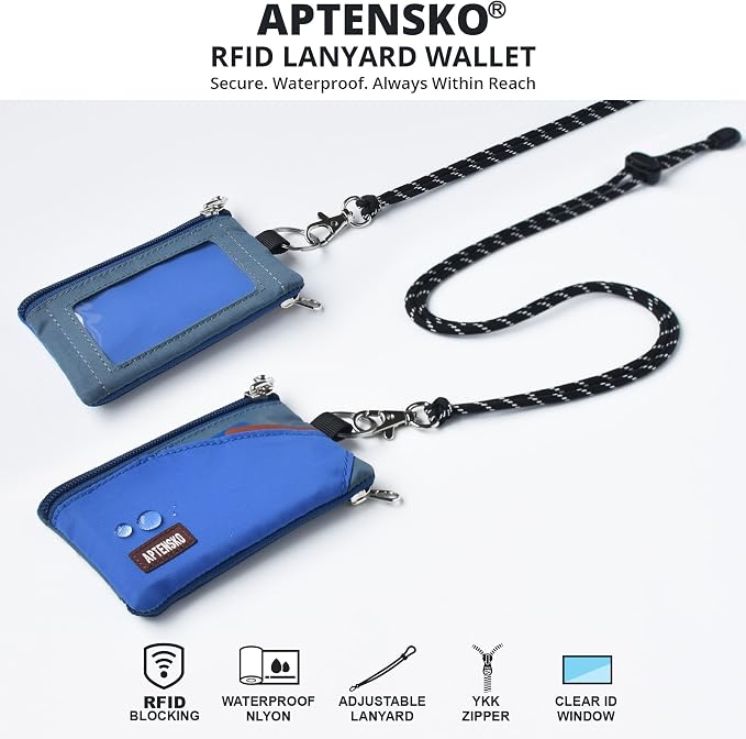 RFID Blocking Travel Wallet with Adjustable Lanyard, Small Nylon Zipper Pouch and Badge Holder for ID, Credit Cards, Cash, Keys, Commuters (Blue+SlateBlue) - Image 2