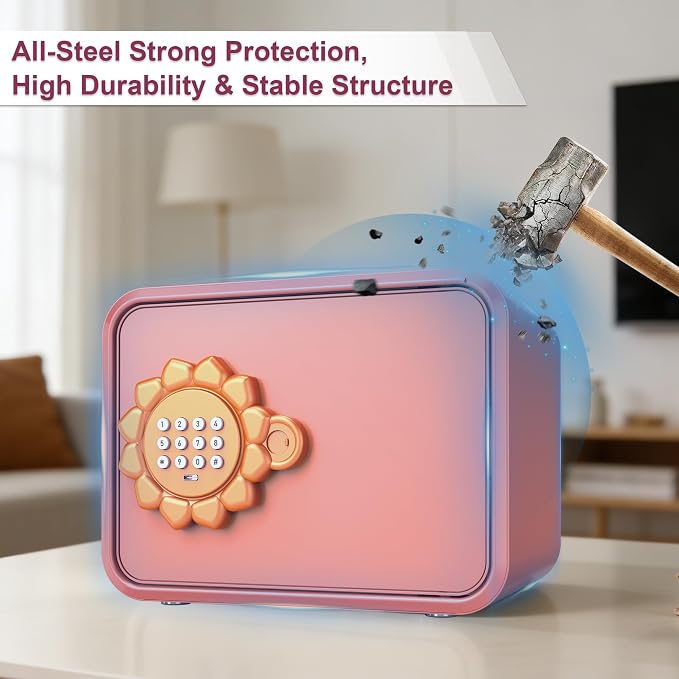 Pink Sunflower Mini Steel Safe with Auto Door & Coin Slot, Small Safe Box for Cash, Jewelry, Personal, Cosmetics & Goal Savings, for Kids, Teens & Renters, Home, Office, Hotel Use - Image 7
