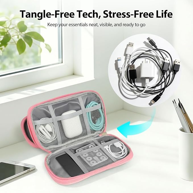 Double Layer Electronics Organizer Bag, Sakura Pink | Water-resistant PU leather travel pouch. Features 8 anti-tangle compartments for 3ft+ cords & chargers. Includes 8 ties. - Image 5