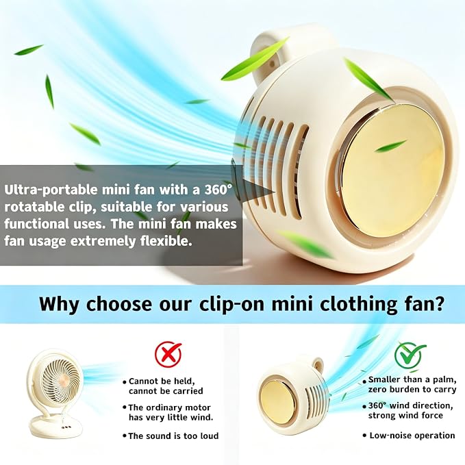 2026 New Portable silent mini bladeless fan 3-speed clip-on fan 360° rotatable suitable for outdoor, travel and office use, travel accessory (white) - Image 3