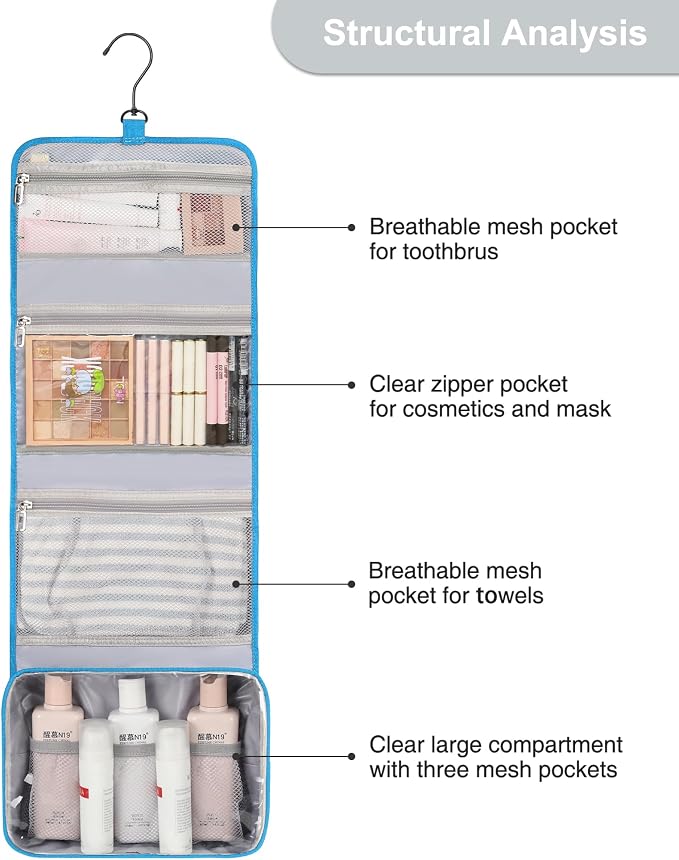 Relavel Travel Hanging Toiletry Bag for Women Men with Hanging Hook, Blue | Large Cosmetic Bags with Compartments, Water-resistant Travel Organizer for Accessories, Shampoo, Full Sized Container - Image 7