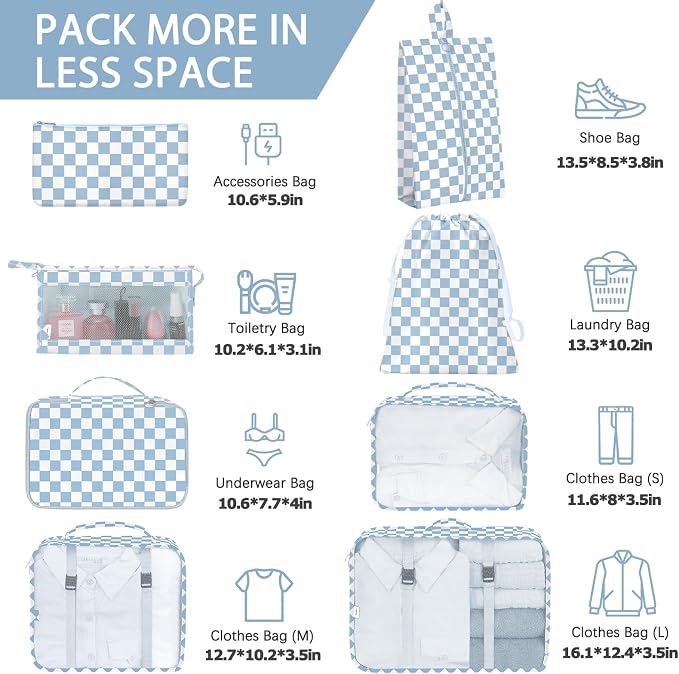 8 Set Packing Cubes for Travel, Luggage Packing Organizers Accessories Large Toiletries Bag for Clothes Shoes Cosmetics (Blue Checkered) - Image 2