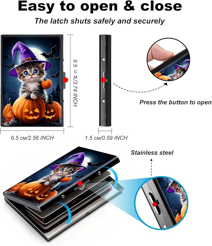 Metal Wallet,Credit Card Holder for Women,Slim RFID Blocking Credit Card Holder Thin Aluminum Wallet ID Case,6 Slot Business Mini Hard Metal Case for Women/Men,Cat Halloween Pumpkin - Image 5