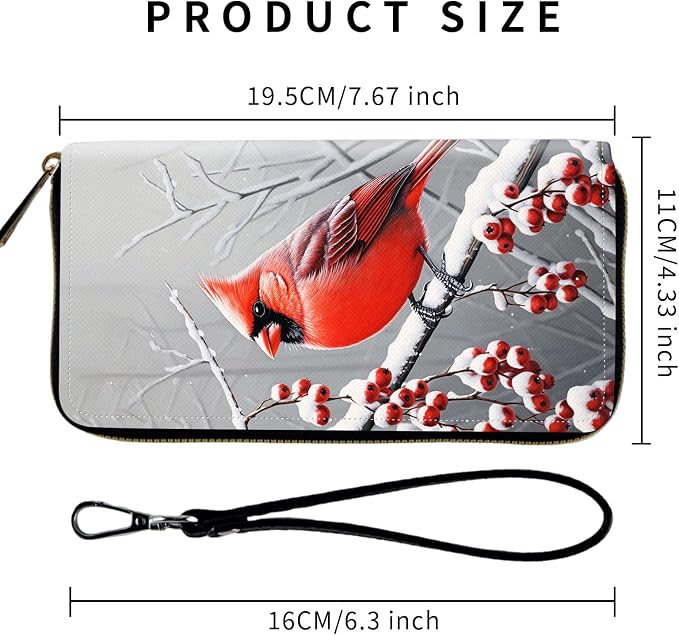 Wallet,Leather Long Wallet Suitable For Ladies And Teenagers - Detachable Wristband + RFID Travel Wallet With Card Slot - Cardinal in Snow - Image 2