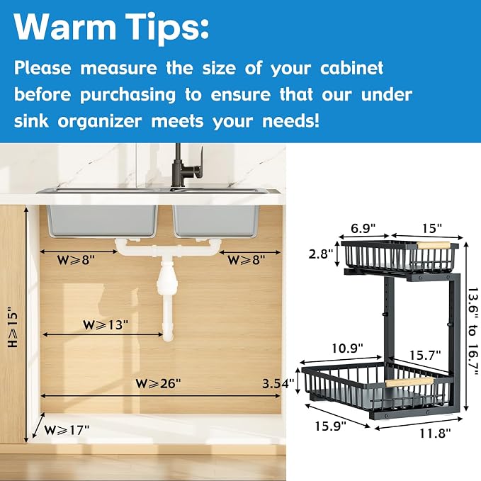 2Pcs Under Sink Organizer, 2-Tier Pull Out Under Sink Organizers and Storage, Adjustable Metal Under Cabinet Organizer Shelf, Bathroom Organizer, Sliding Out Drawer for Kitchen Pantry Black - Image 2
