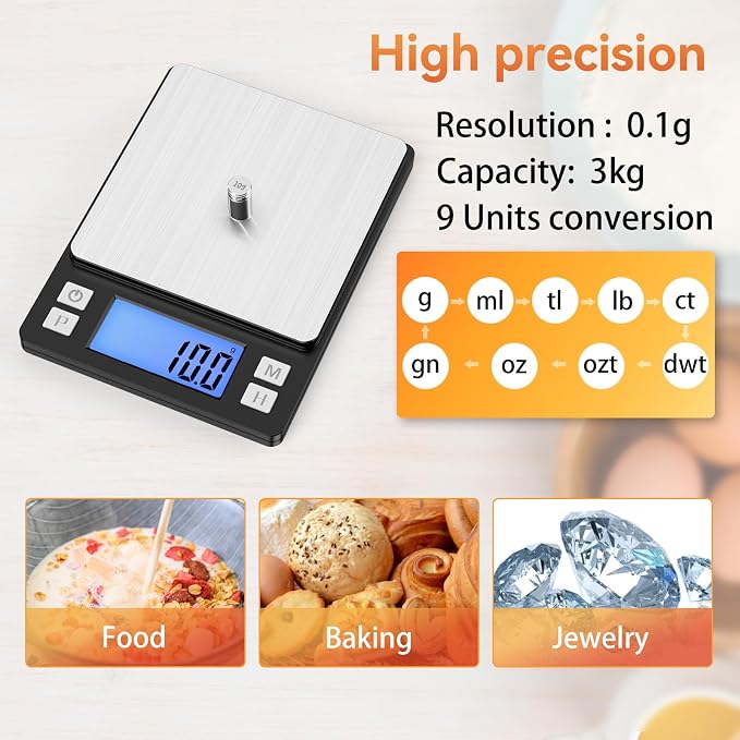 BOMATA Upgraded Small Food Scale with 0.1 g/0.001 oz High Precision | 3000 g/6.6 lb, New Hold Function, Larger Display, USB Rechargeable, Digital Kitchen Scale for Small Item, Jewelry. Black - Image 4
