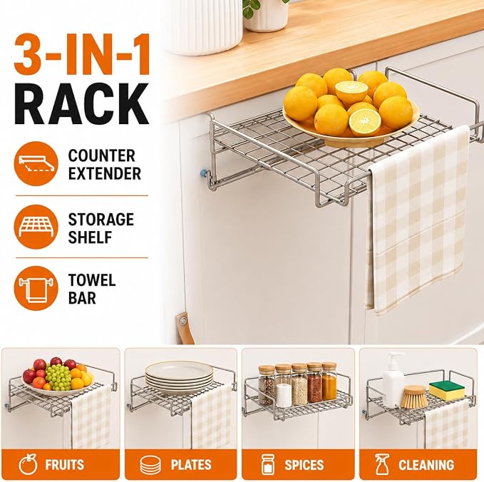 Kitchen Counter Extender, 1-Sec Foldable Over Cabinet Door & Drawer Organizer Shelf, No Drill Hanging Storage Rack Space Saver with Towel Bar for RV & Renters (Stainless Steel Silver) - Image 5
