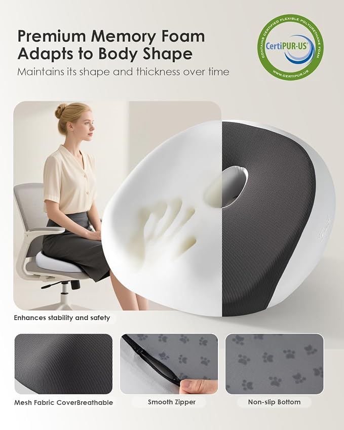 Seat Cushion, Memory Foam Cushion for Office Chair, Ergonomic Office Seat Chair Cushion for Relieving Sciatica, Soft & Breathable Car Seat Cushion - Gray - Image 3