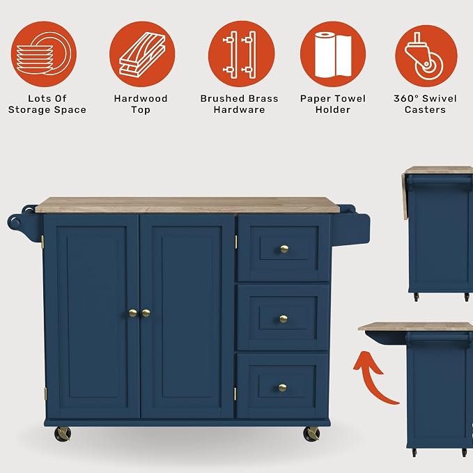 Homestyles Mobile Kitchen Island Cart with Wood Top and Dropleaf Breakfast Bar, Blue - Image 2
