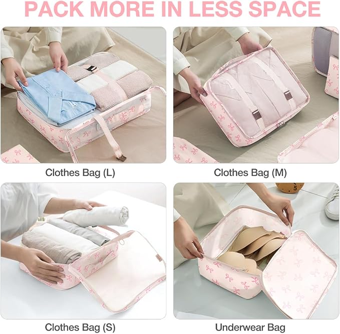 8 Set Packing Cubes for Suitcases,Suitcase Organizer with Shoe,Cosmetics,Clothing, and Accessories Bags for Travel Luggage Organizer Women Men(Pink Bows) - Image 4