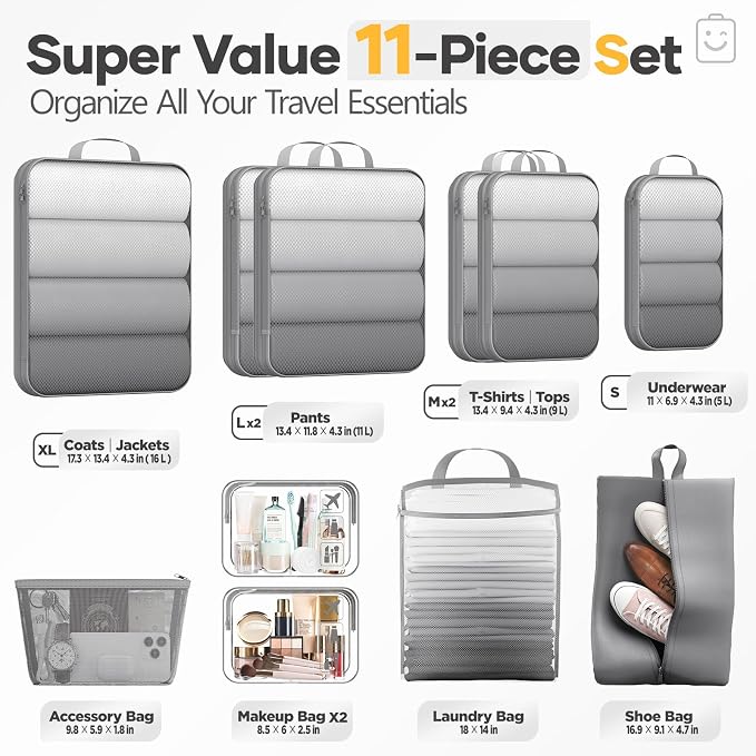 Veken 11 Set Compression Packing Cubes Garment Bags for Travel Essentials,Compressible Expandable Luggage Organizer Bags for Clothing,Space Saver Bags with Over 1000 pcs of Mesh Holes(Gray) - Image 2