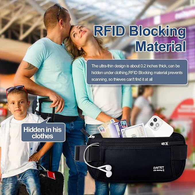 RFID Blocking Money Belt for Men Women, Slim Fanny Pack For Travel，Running,Conceal Waist Wallet For Passport Holder,Phone,Cash(Dark Black) - Image 7