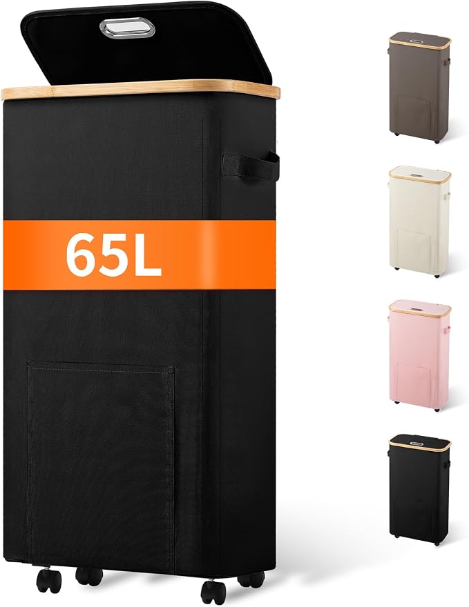 Vincona Laundry Basket with Wheels, Tall Dirty Clothes Hamper on Wheels, Rolling Laundry Hamper with lid for Dorm, Bedroom and Bathroom by Vincona