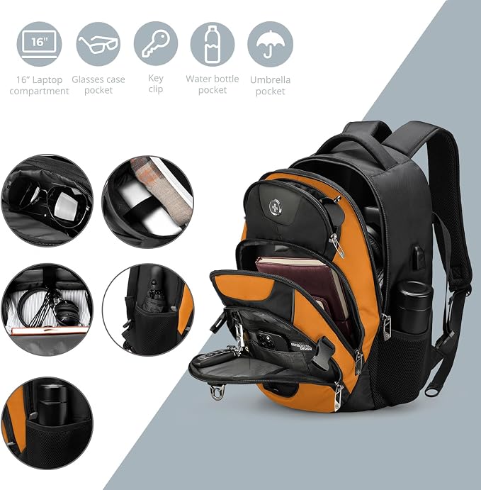 Swissdigital Design Laptop Backpack with USB Charging Port, Travel Backpack Fits 15.6 inches Computer, 31L College School Backpack for Men, Orange/Black | SD803-66 - Image 4