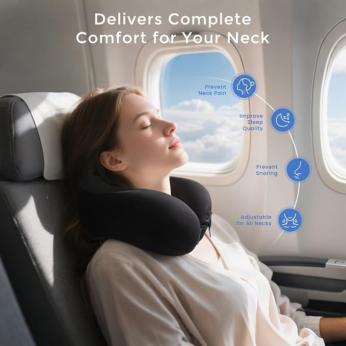 Travel Neck Pillow for Airplane, Neck Travel Pillow, Upgraded Soft 100% Pure Memory Foam - Lightweight and Stowable - Ergonomic Design for Long Flights, Car, Train, Office Use - Image 6
