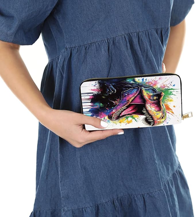 Women's RFID Blocking PU Leather Zip-Around Wallet, Large Capacity Clutch with Phone Holder, Travel Purse & Card Organizer with Removable Wristlet,Watercolor Dinosaur - Image 6