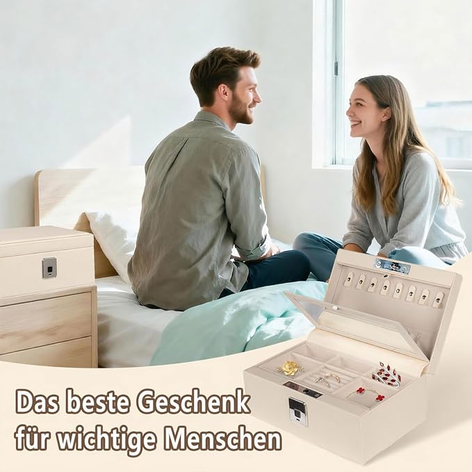 Jewelry Safe, Biometric Fingerprint Safe, Leather Wrapped Jewelry Box with Lock & Mirror, Ultra-Lightweight Jewelry Box Suitable for Home Use & On-the-Go(Three-Tier White) - Image 9