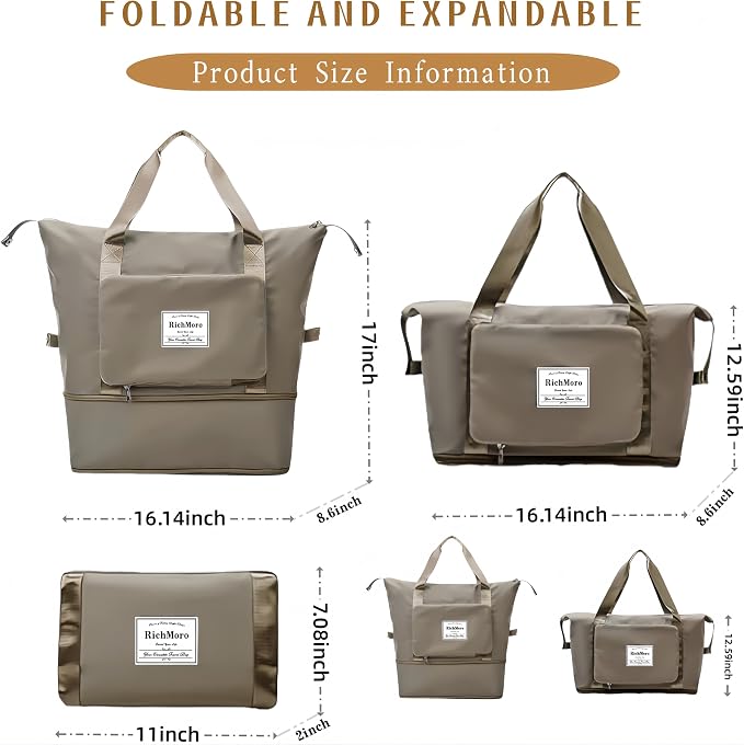 Large Capacity Foldable Travel Bag, Expandable lightweight Carry on Bag, Dry with Wet Separation Spor Duffel Bags (Khaki) - Image 2