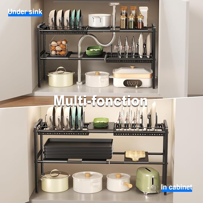 Mustorn Pots and Pans Organizer Under Cabinet, Expandable 2 Tier Under Sink Organizers and Storage Adjustable Height Kitchen Pot and Pan Lid Holder Rack with 12 Dividers Under Cabinet Shelf(Black) - Image 7