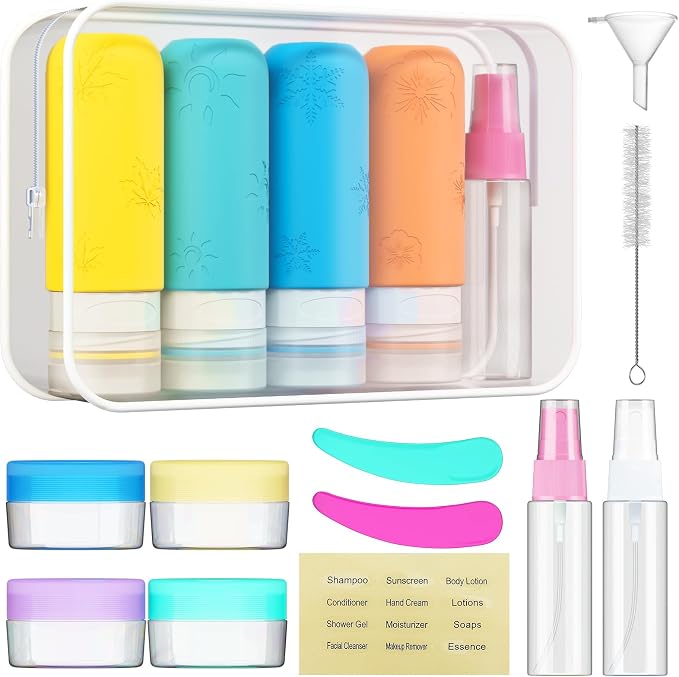 16 Pack Travel Bottles for Toiletries, Silicone TSA Approved-Containers for Toiletries, 3oz Silicone Travel Bottles Set Leak Proof Refillable Liquid, Shampoo and Conditioner Travel Toiletry Bottles by Amphism