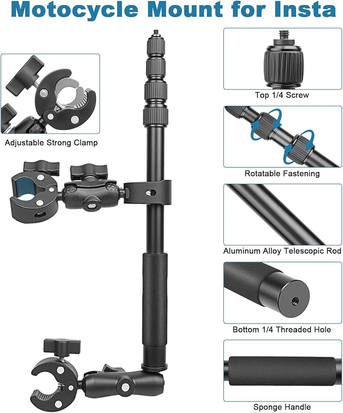 Motorcycle Mount Kit Compatible with Insta 360 X4 X5, Bike Handlebar Clamp Mounts for Gopro, 59" Invisible Selfie Stick with Double Clamp for Action Camera,Motorcycle Bicycle Riding Records - Image 3