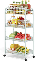 TOOLF 4-Tier Rolling Cart, Metal Utility Cart, Slide Out Storage Cart with Wooden Tabletop and Mesh Baskets for Narrow Space on Kitchen Bathroom Laundry Room Bedroom Apartments Dormitory (Green, Wide) by TOOLF