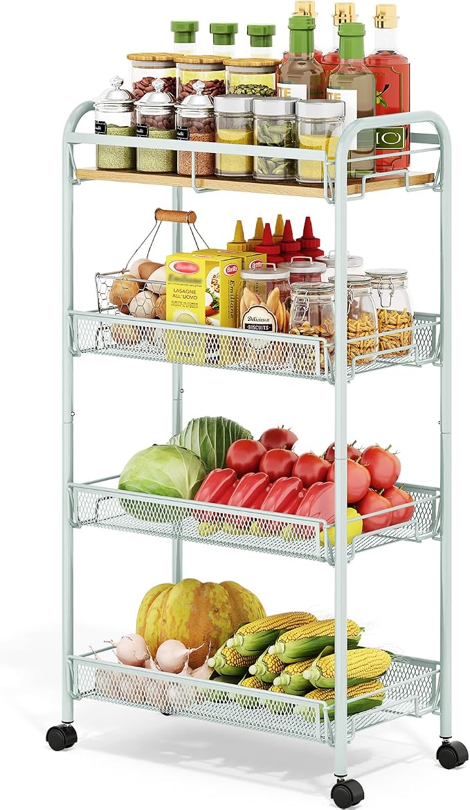 TOOLF 4-Tier Rolling Cart, Metal Utility Cart, Slide Out Storage Cart with Wooden Tabletop and Mesh Baskets for Narrow Space on Kitchen Bathroom Laundry Room Bedroom Apartments Dormitory (Green, Wide) by TOOLF