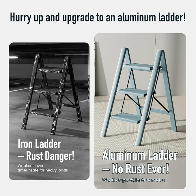 Mayi Plus 3 Step Stool Foldable, Aluminum, Lightweight Step Ladder | Extra-wide anti-slip folding steps with 330 lbs, for home,kitchen,office,outdoor,office,Blue - Image 2